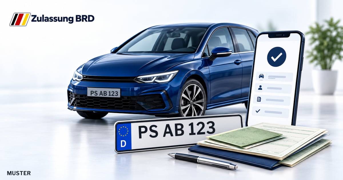 Online Fahrzeugzulassung in Landkreis Südwestpfalz: Musterkennzeichen PS AB 123, Auto und Fahrzeugpapiere und Smartphone. Illustration mit Logo von Zulassung BRD.